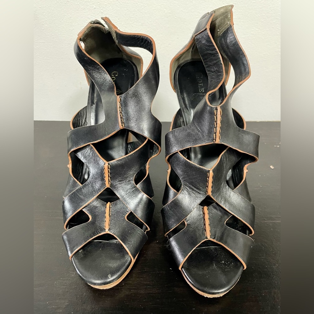 Cole Haan Black & Camel Strappy Leather Wedges